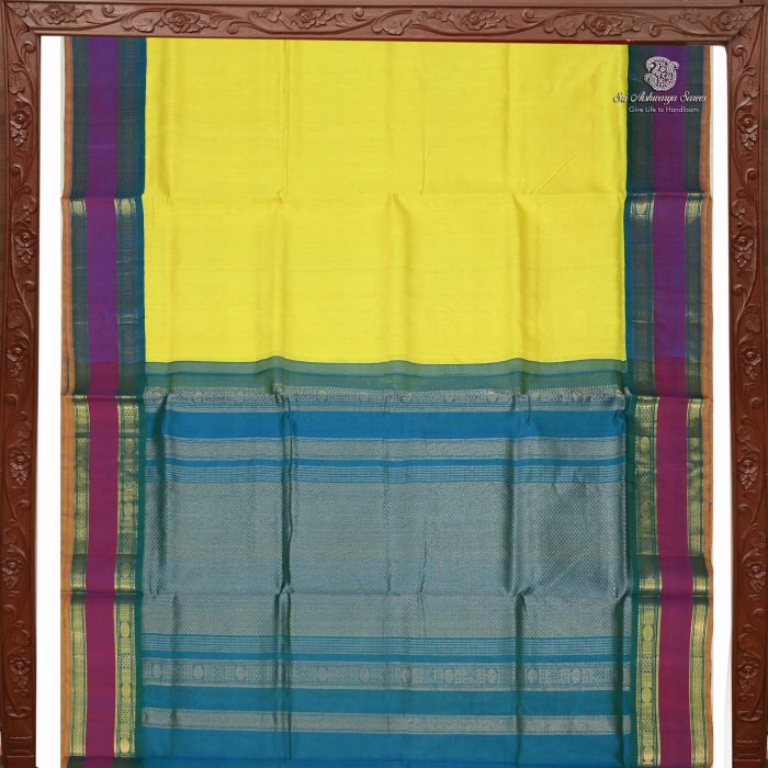 Handloom Silk Cotton Sarees Korvai – Lemon Yellow SAS0033659 - Image 5