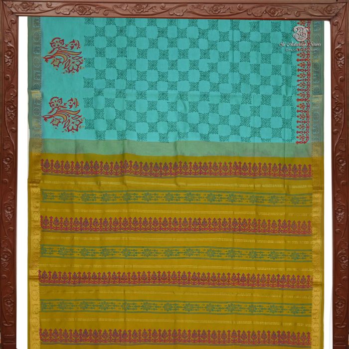 Semi Silk Cotton Printed Sarees –Pastel Green SASPC0033970 - Image 4