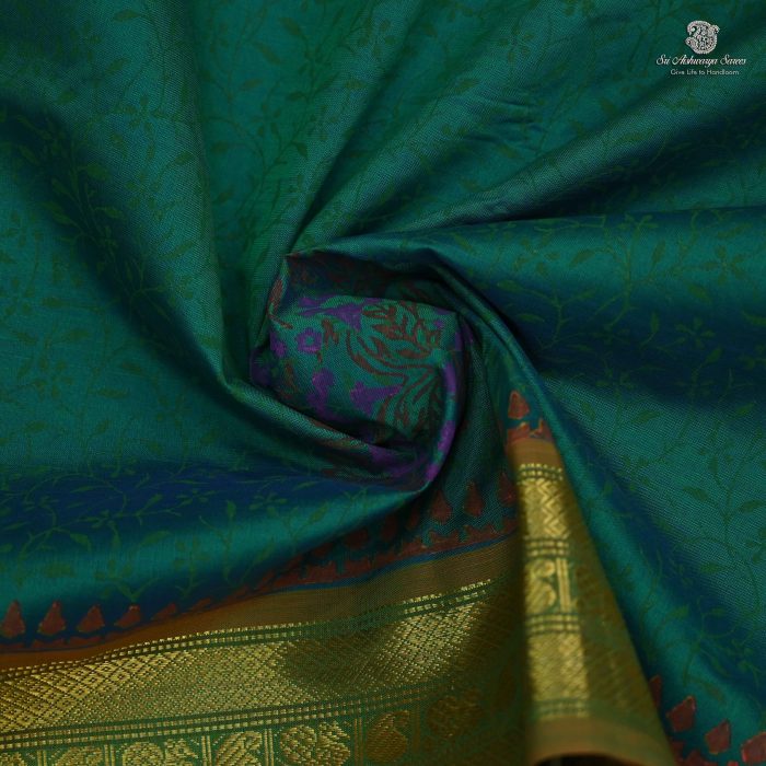Semi Silk Cotton Printed Sarees –Peacock Green SASPC34302 - Image 2