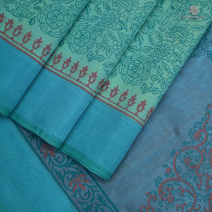 Silk Cotton Saree Printed –  Turquoise Blue SASSC34317 - Image 3