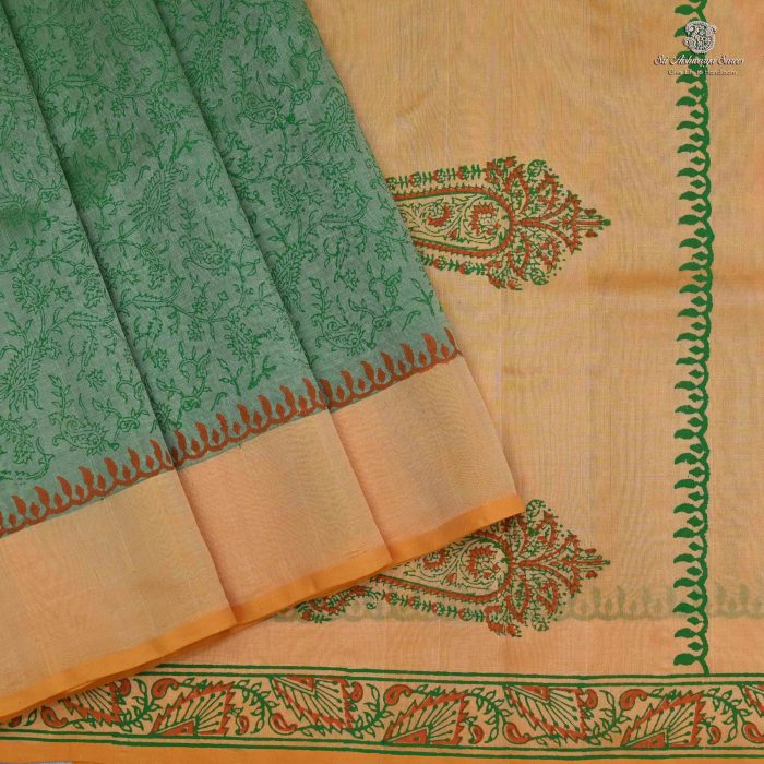 Silk Cotton Saree Printed –  Grass Green SASSC34326 - Image 1