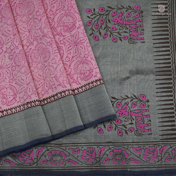 Silk Cotton Saree Printed –  Light Pink SASSC34329 - Image 1