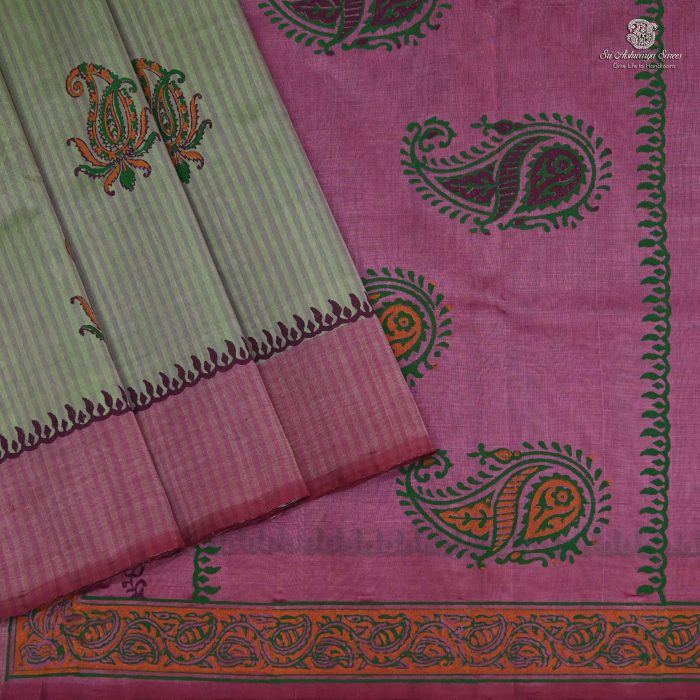 Silk Cotton Saree Printed –  Pista Green SASSC34332 - Image 1