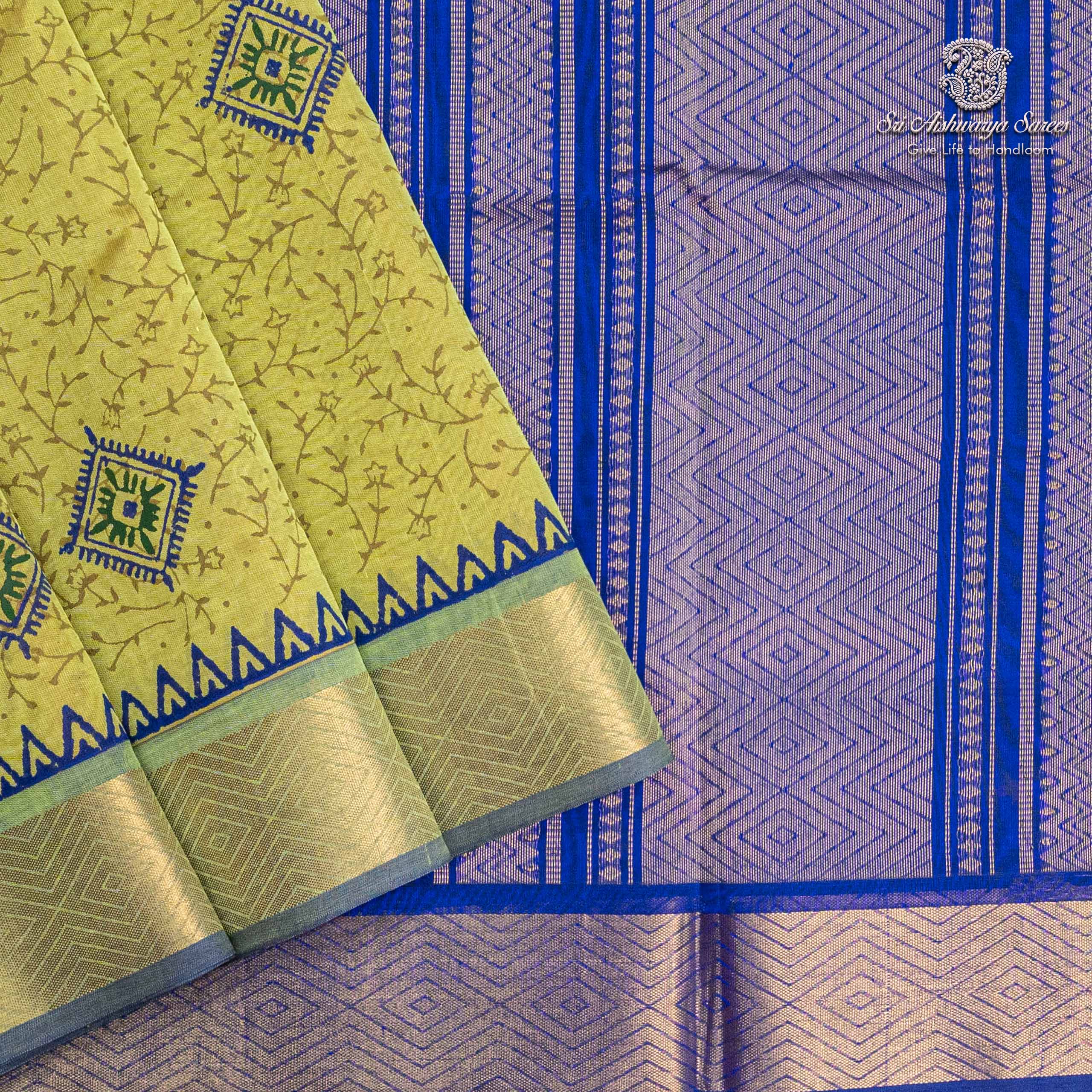 36275 Silk Cotton Printed Sarees – Dual Shade Lime Green SASSC0036275 - Image 1