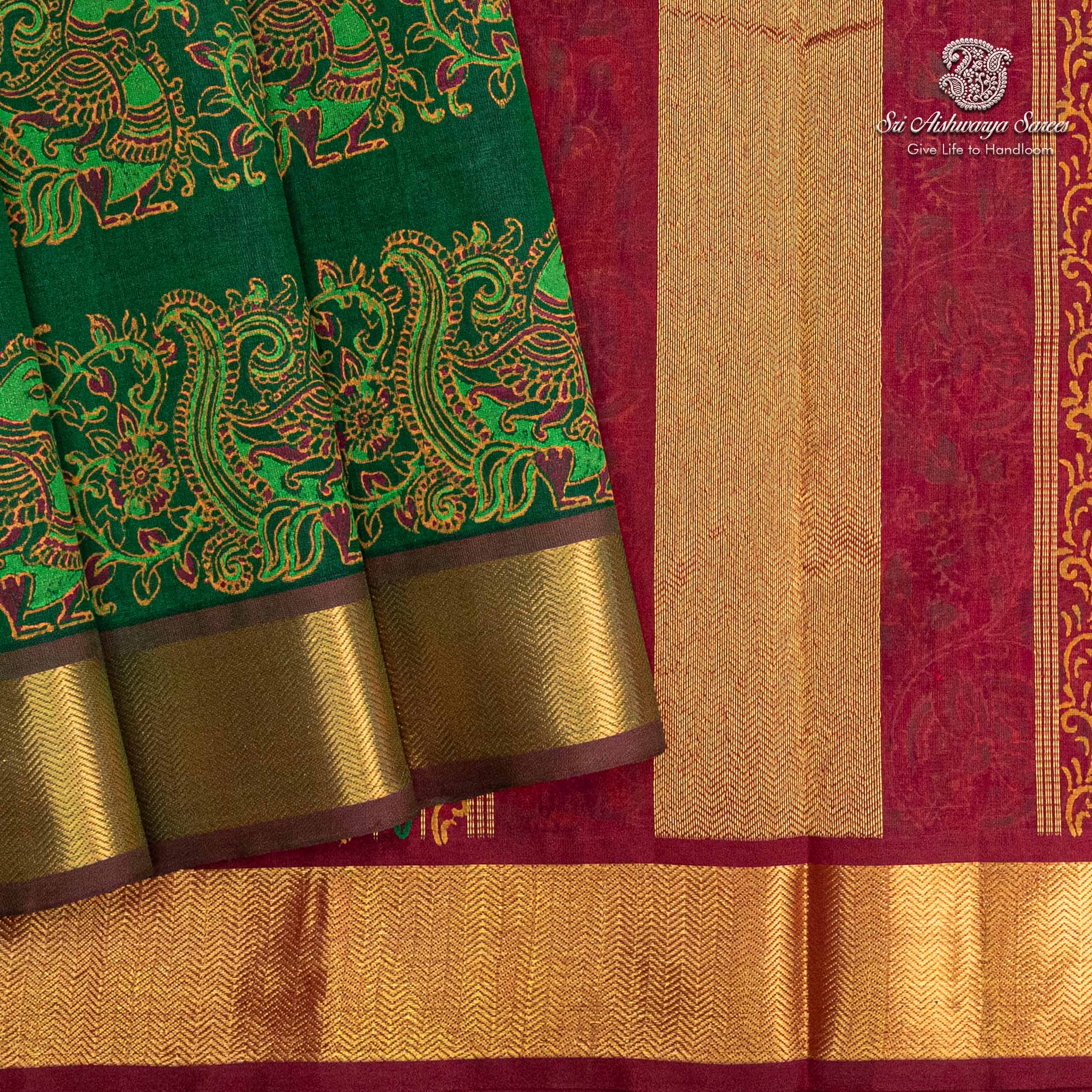 36277 Silk Cotton Printed Sarees – Dark Green SASSC0036277 - Image 1