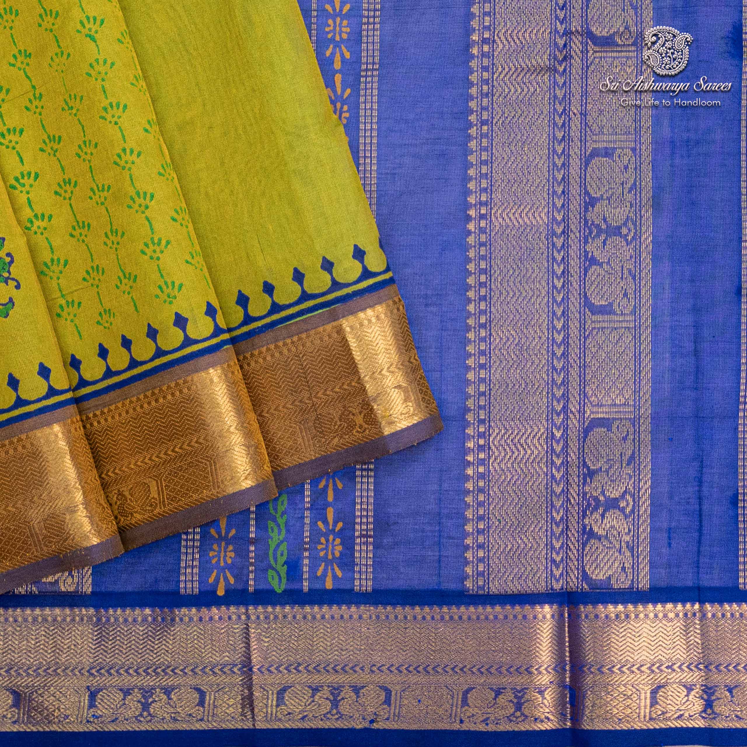 36278 Silk Cotton Printed Sarees – Dual Shade Lime Green SASSC0036278 - Image 1