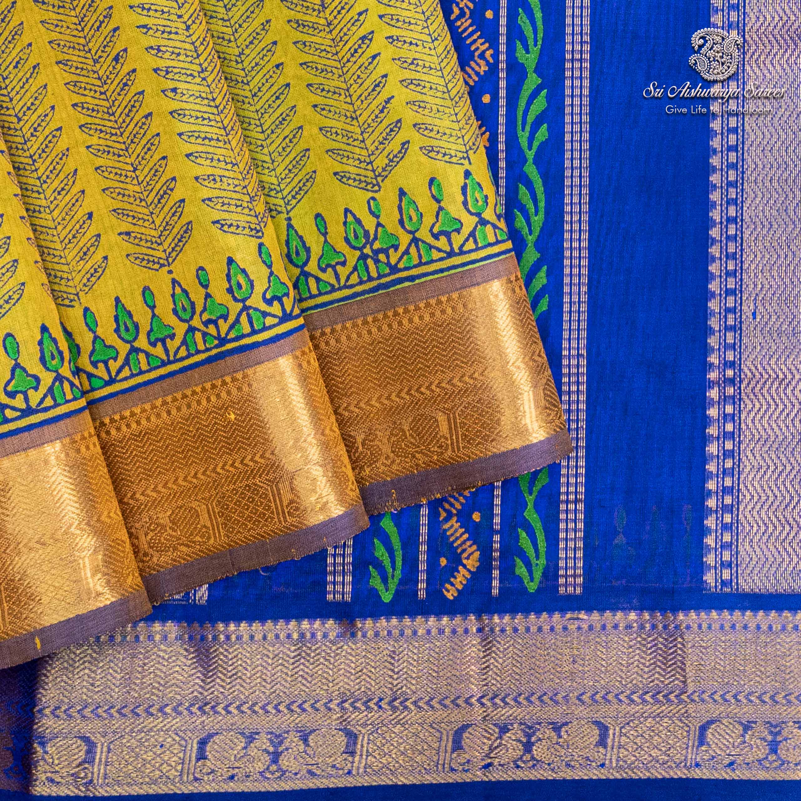 36282 Silk Cotton Printed Sarees – Dual Shade Lime Green SASSC0036282 - Image 1