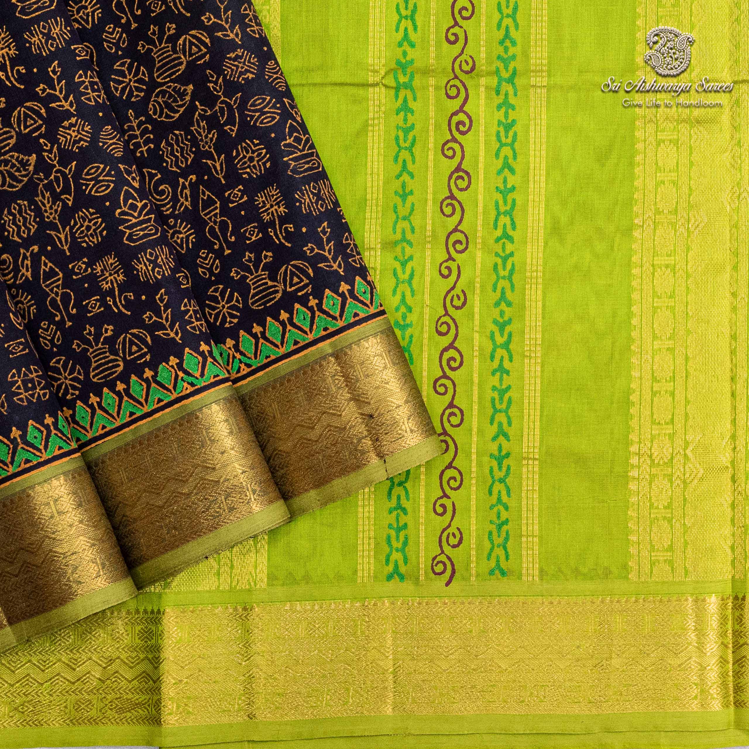 36291 Silk Cotton Printed Sarees – Dark Brown SASSC0036291 - Image 1