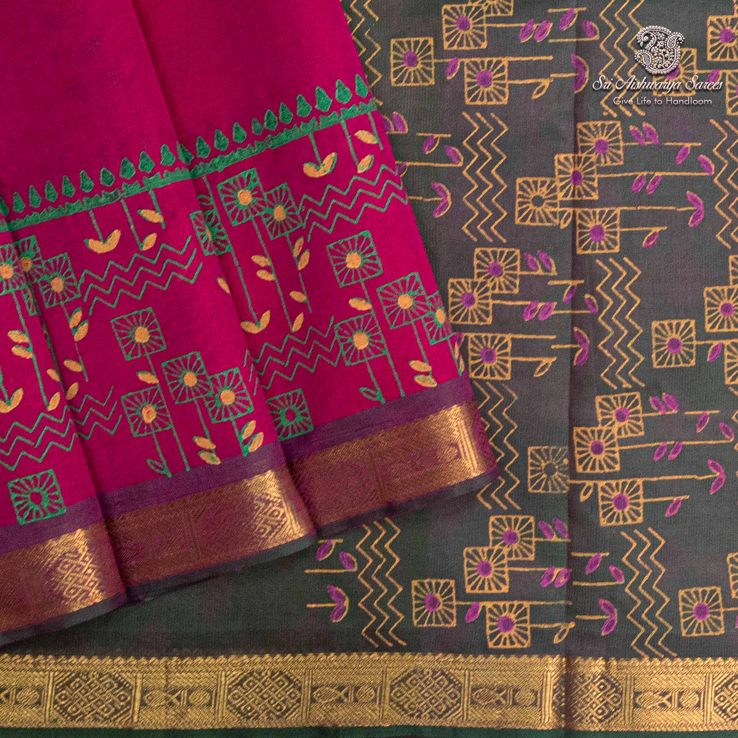 36292 Silk Cotton Printed Sarees – Rani Pink SASSC0036292 - Image 1