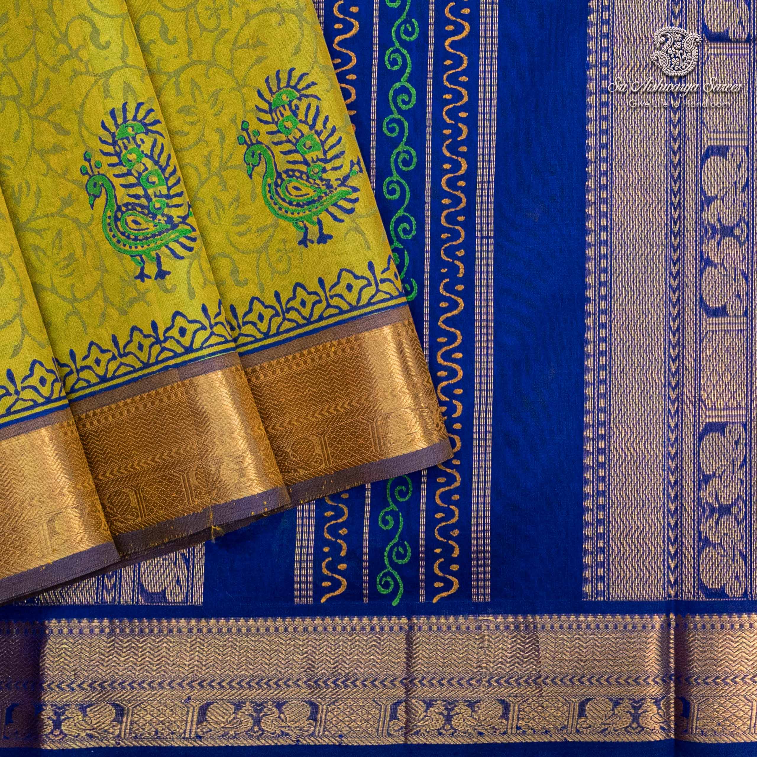 36303 Silk Cotton Printed Sarees – Dual Shade Lime Green SASSC0036303 - Image 1